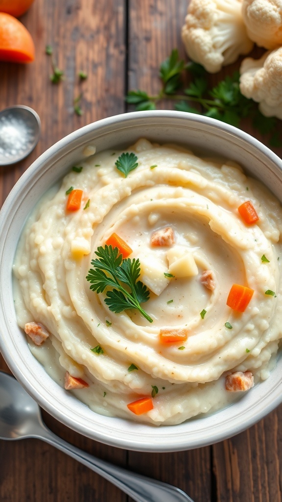 A bowl of creamy mashed vegetables including potatoes, carrots, and cauliflower, garnished with parsley on a rustic table.